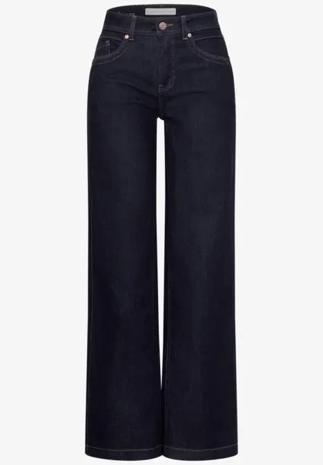 Jean taille haute bleu foncé, coupe large, 5 poches, style épuré et moderne.