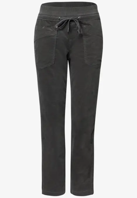 Graue Hosen mit elastischem Bund, Tunnelzug und aufgesetzten Taschen.