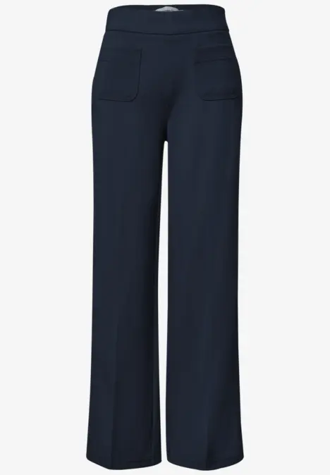 Dunkelblaue, weite Hose mit hohem Bund und aufgesetzten Taschen