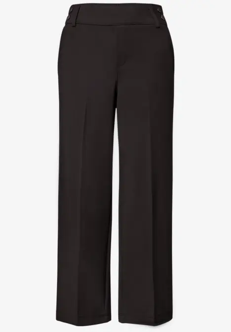 Schwarze, gerade geschnittene Damenhose mit hohem Bund und eleganter Linienführung.