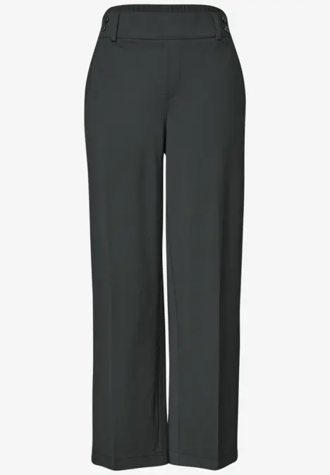 Hochtaillierte, gerade geschnittene Damenhose mit weitem Bein in dunklem Grau.