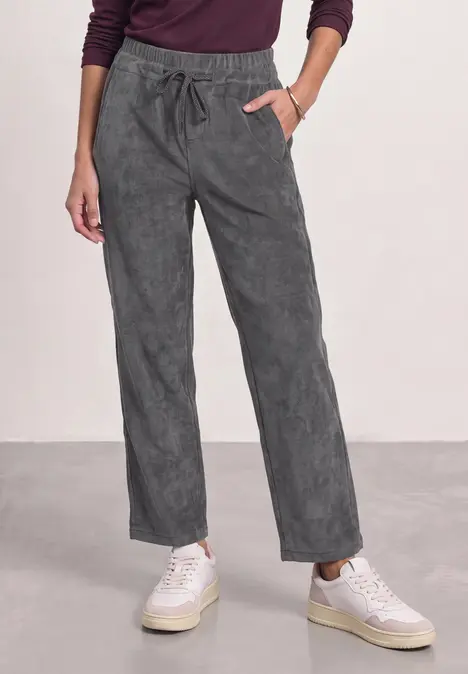 Graue weite Cordhose mit Gummibund und Kordelzug, lässig und bequem