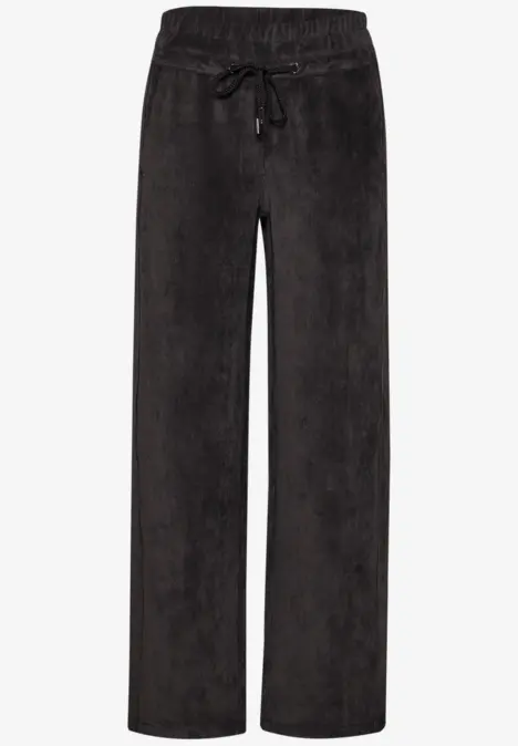 Schwarze, locker geschnittene Cordhose mit elastischem Bund und Kordelzug.