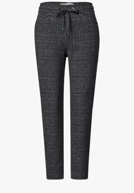 Elegante graue Karohose mit Kordelzugbund und schlanker Passform.