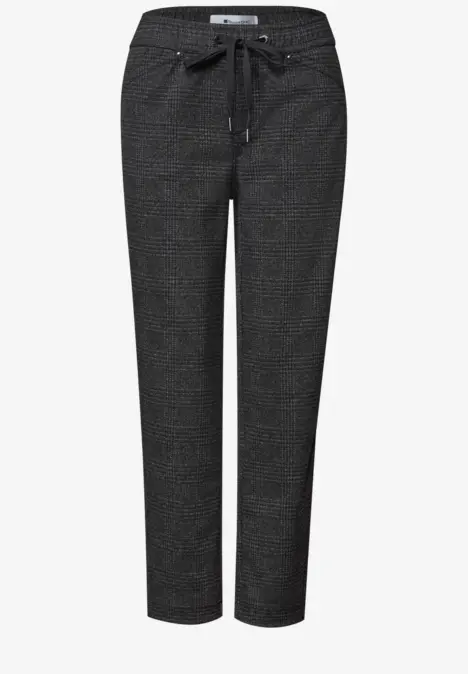 Schwarze, taillierte Damenhose mit dezentem Muster, elastischem Bund und Bindeband.