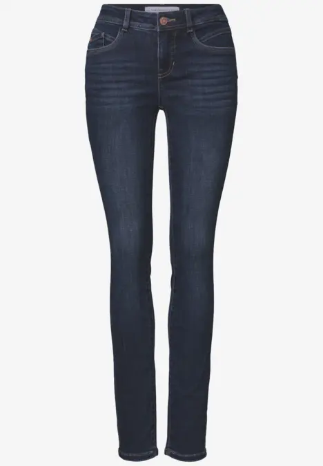 Donkerblauwe skinny jeans met vijf zakken en mid-rise taille
