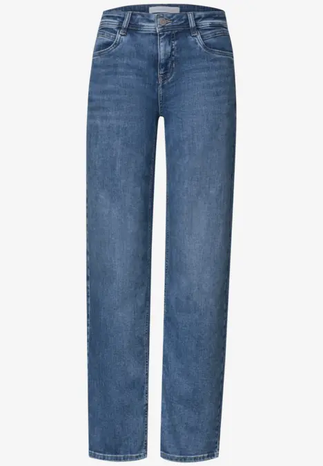 Jeans met rechte pijpen in medium blauw, met zakken en riemlussen.