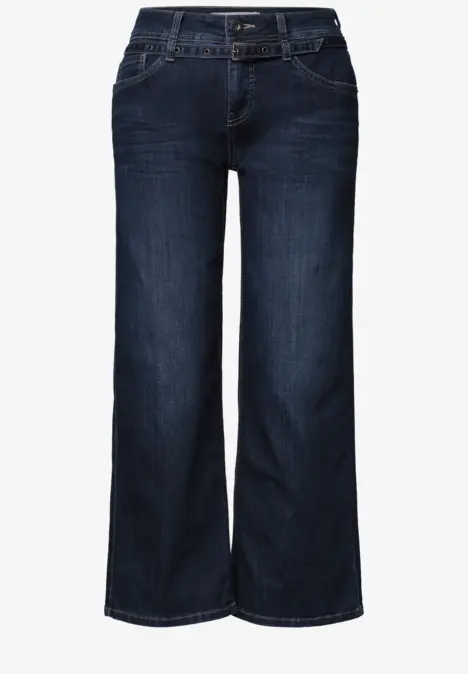 Donkerblauwe jeans met wijde pijpen, hoge taille, klassieke zakken, eenvoudig en tijdloos ontwerp.