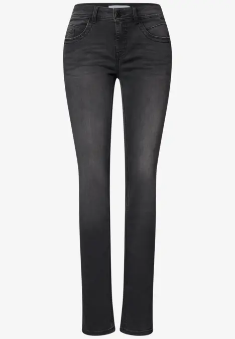 Schwarze Slim-Fit-Damenjeans mit mittlerer Taille, fünf Taschen und leichtem Used-Look.