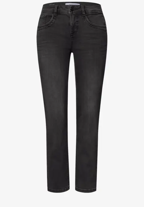 Schwarze Damenjeans im klassischen Five-Pocket-Stil mit geradem Bein und Gürtelschlaufen