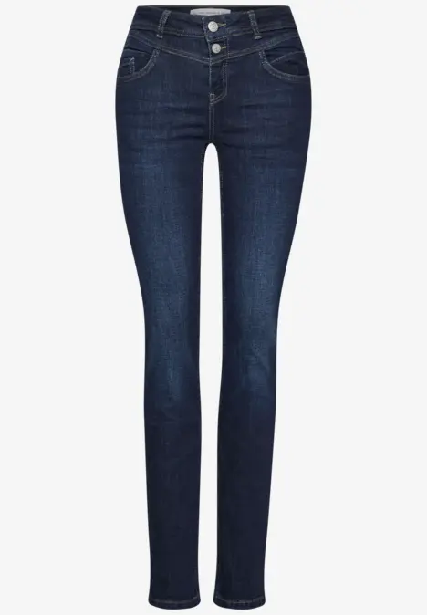 Dunkelblaue Jeanshose mit Knopfleiste und enger Passform.