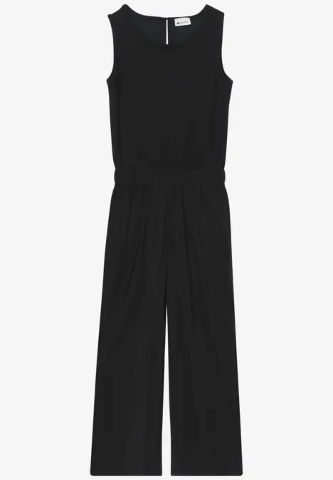 Ärmelloser schwarzer Jumpsuit mit weitem Bein und rundem Halsausschnitt.