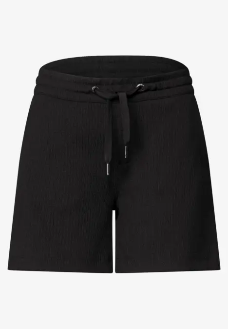 Schwarze, gerippte Shorts mit Taillenbund und Kordelzug