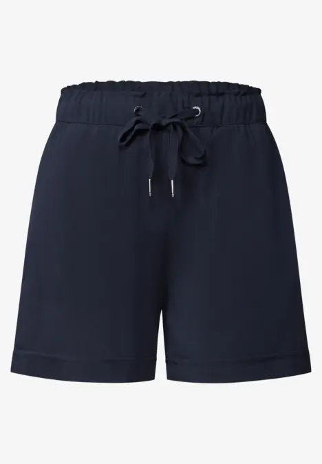 Dunkelblaue kurze Hose mit elastischem Bund und Kordelzug, legere Passform