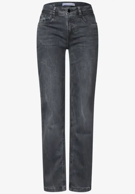 Gerade geschnittene Jeans aus dunklem Grauschwarz-Denim mit klassischem Fünf-Taschen-Design.