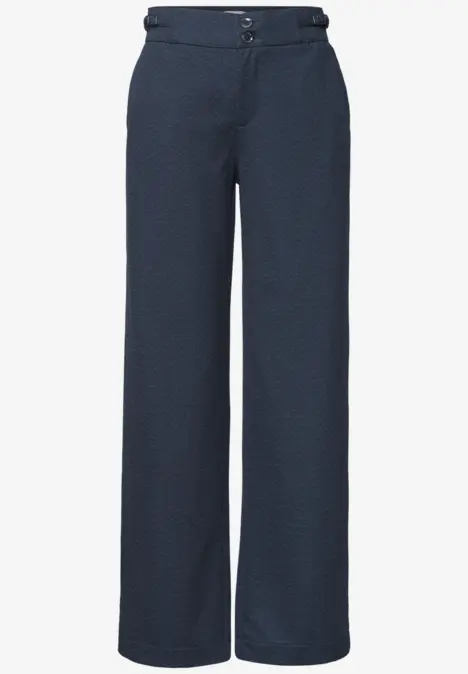 Dunkelblaue Damenhose mit weitem Bein, hoher Taille und Knopfverschluss, eleganter, fließender Schnitt.