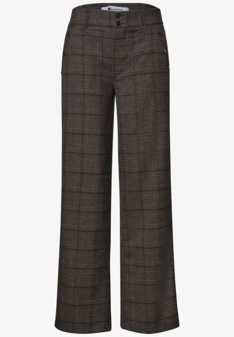 Ein Paar karierte, braune Stoffhosen mit geradem Schnitt und hoher Taille.