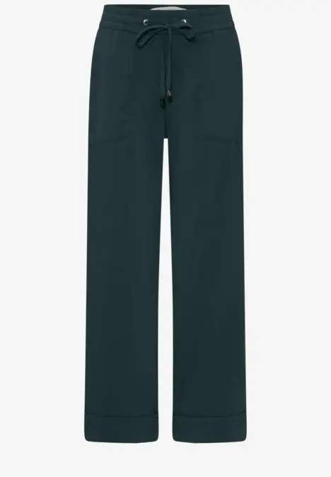 Dunkelgrüne, gerade geschnittene Hose mit aufgesetzten Taschen und Tunnelzugbund.