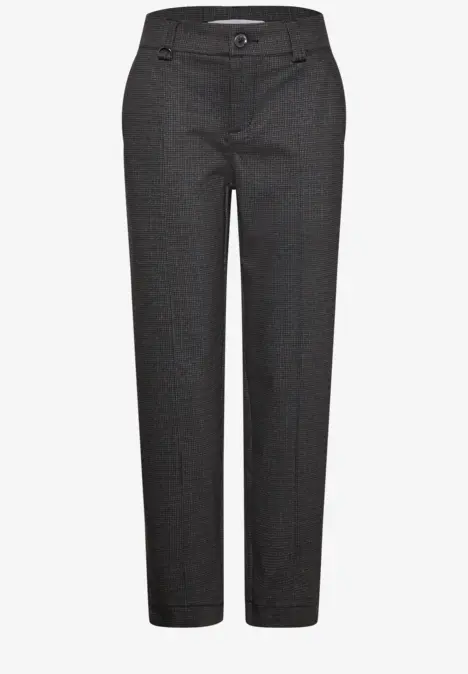 Schlanke dunkelgraue Stoffhose mit geradem Schnitt und Knopfverschluss.