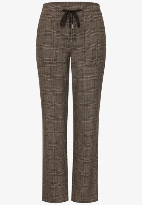 Braune Karohose mit Glencheck-Muster, geradem Bein und Kordelzug am Bund