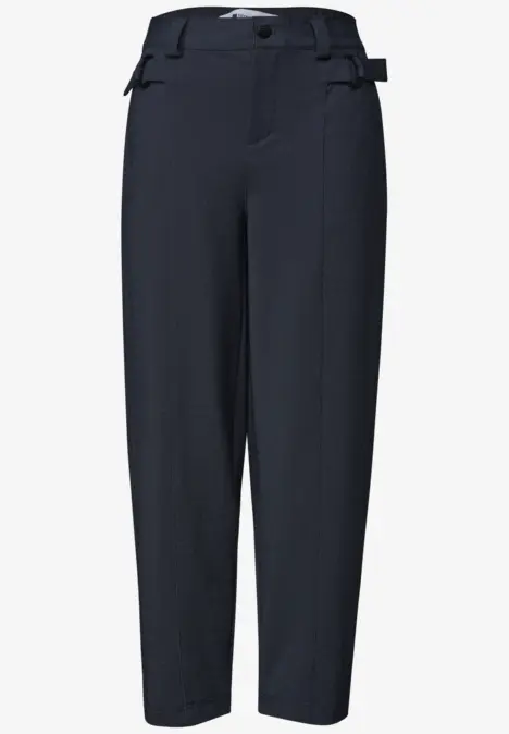 Pantalon en tissu bleu marine taille haute, coupe droite, jambes fuselées et passants latéraux réglables