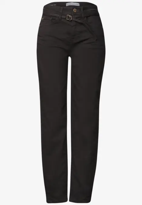 Pantalon femme noir taille haute, coupe droite avec ceinture.