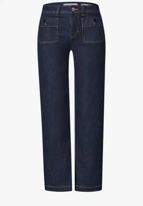 Donkerblauwe jeans met rechte pijpen, hoge taille en voorzakken op het voorpand.