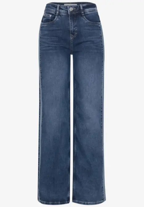 Donkerblauwe jeans met wijde pijpen, hoge taille en klassiek vijfzakkenontwerp.