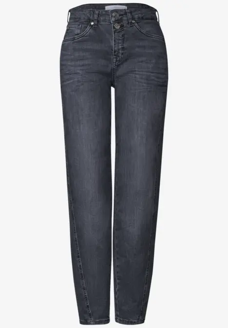 Dunkelblaue Jeanshose mit hohem Bund und gerade geschnittenen Beinen.