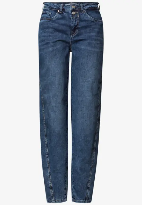 Donkerblauwe high waist jeans met rechte pijpen, knoopsluiting en vijf zakken.