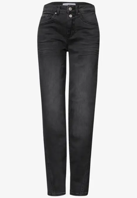 Schwarze Damenjeans mit hohem Bund und Knopfleiste, geradem Bein und trendiger Waschung.