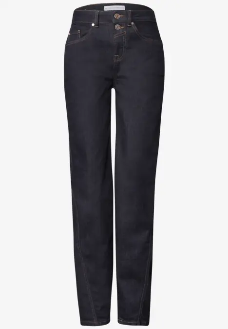 Dunkelblaue gerade Damenjeans mit hoher Taille und klassischer 5-Pocket-Optik.