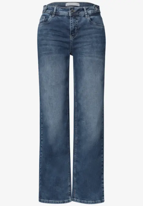 Blauwe denim jeans met rechte pijpen en hoge taille, voorzien van vijf zakken.