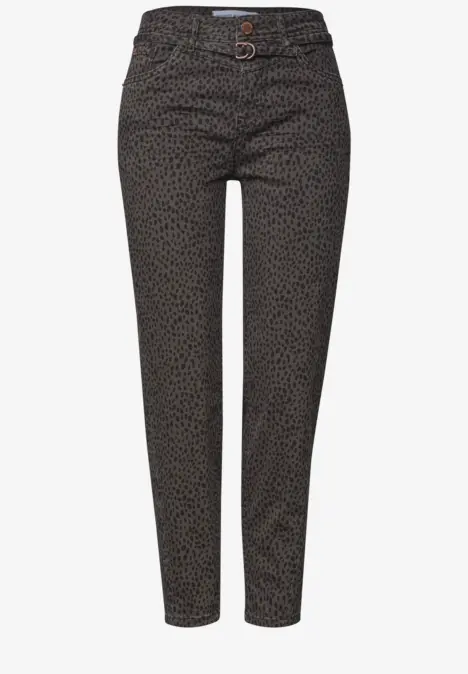 Slimfit damesbroek met subtiel dierenprintje, hoge taille met ceintuurdraaglussen, enkelhoogte.