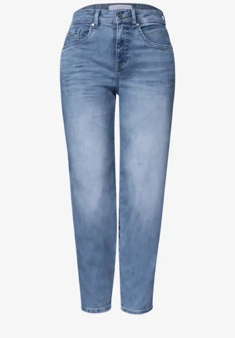 Hochtaillierte blaue Jeans mit geradem Schnitt und dezenter Used-Waschung.