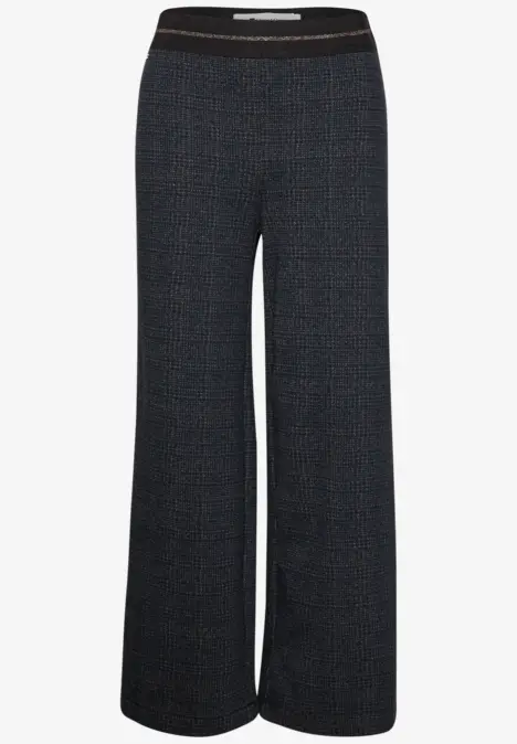 Dunkelgraue, weite High-Waist-Hose mit feinem Muster und elastischem Bund.