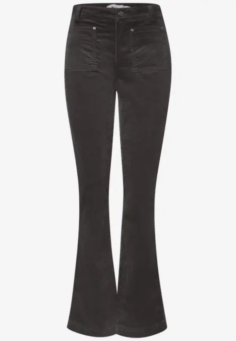 Pantalon flare en velours côtelé noir, taille haute avec poches.