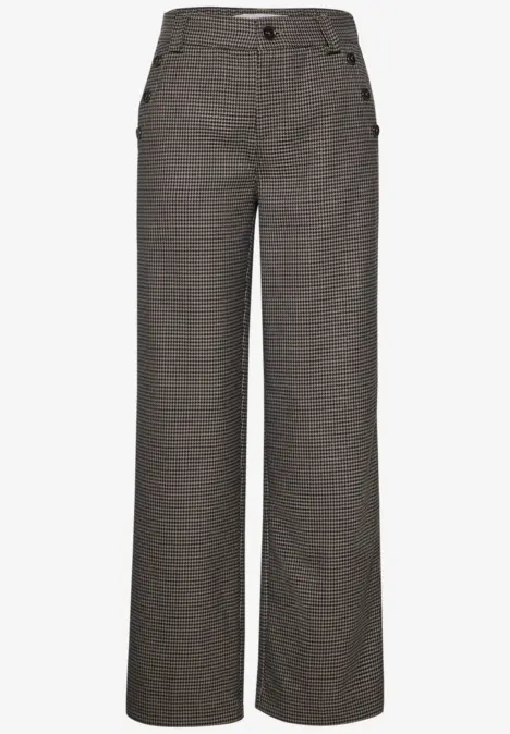 Graue, hoch taillierte Damenhose mit weitem Bein und feinem Hahnentrittmuster.