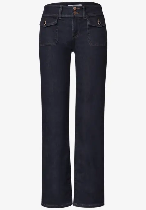 Hose aus dunklem Denim mit geradem Bein, hoher Taille und zwei Knöpfen