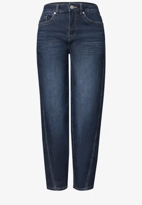 Jean femme bleu foncé taille haute, coupe droite et poches classiques.