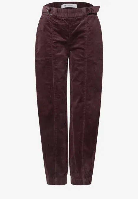 Pantalon en velours côtelé bordeaux à taille haute avec ceinture