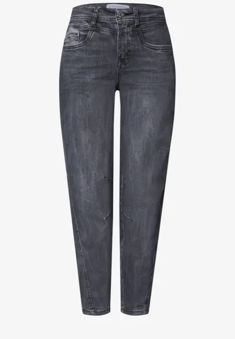Schwarze, hochtaillierte Jeanshose mit schmalem Schnitt und fünf Taschen.