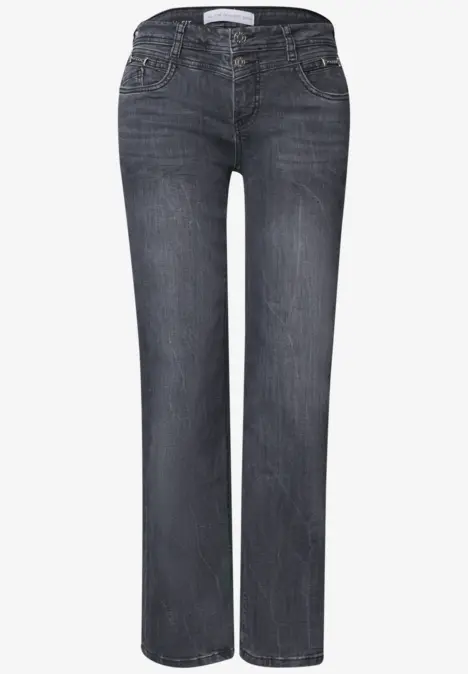 Dunkelgraue, gerade geschnittene Jeans mit fünf Taschen und mittlerer Taille.