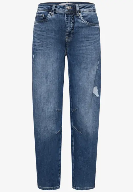 Blaue, gerade geschnittene Jeans mit mittlerer Taille und leichten Destroyed-Effekten an Oberschenkel und Saum.