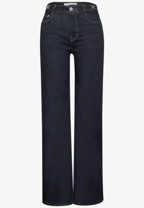 Hohe Taille, dunkelblaue Jeans mit weitem, geradem Bein.