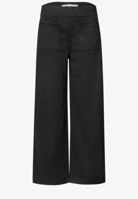 Pantalon large noir taille haute pour femme avec poches plaquées.