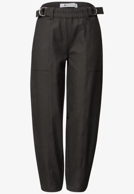 Dunkelgraue Bundfaltenhose mit elastischem Gürtelbund, lockere, leicht zulaufende Passform.
