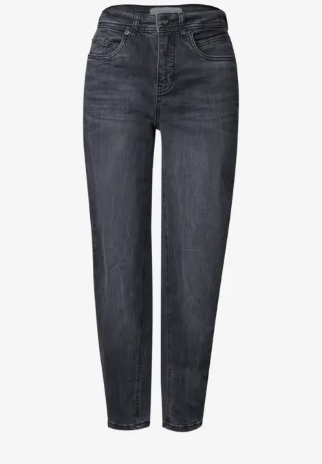 Schwarze, hochgeschnittene Jeans mit geradem Bein und dezenter Vintage-Waschung.