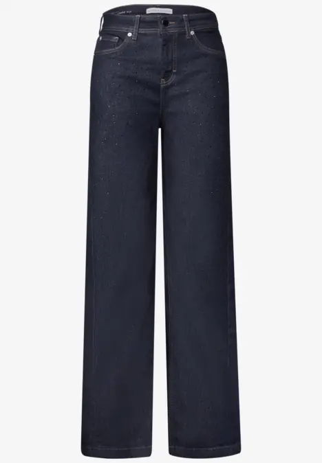 Dunkelblaue, weit geschnittene Jeanshose mit gerade geschnittenen Beinen und hoher Taille.