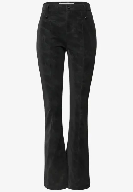 Pantalon noir en velours côtelé, taille haute, jambes évasées, fermeture boutonnée.
